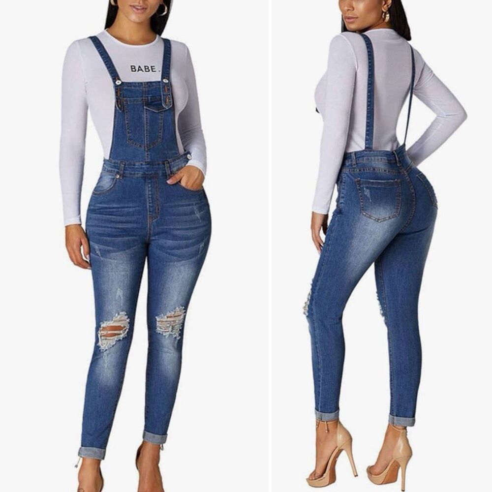 OrderPlus Blue Denim Overall Size L Distressed Stretch Skinny Bib Jumpsuit